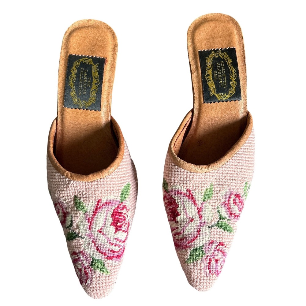 Y2K Larkspur Collection Floral Needlepoint Mule Heel Pink Roses Womens XSM 6-6.5